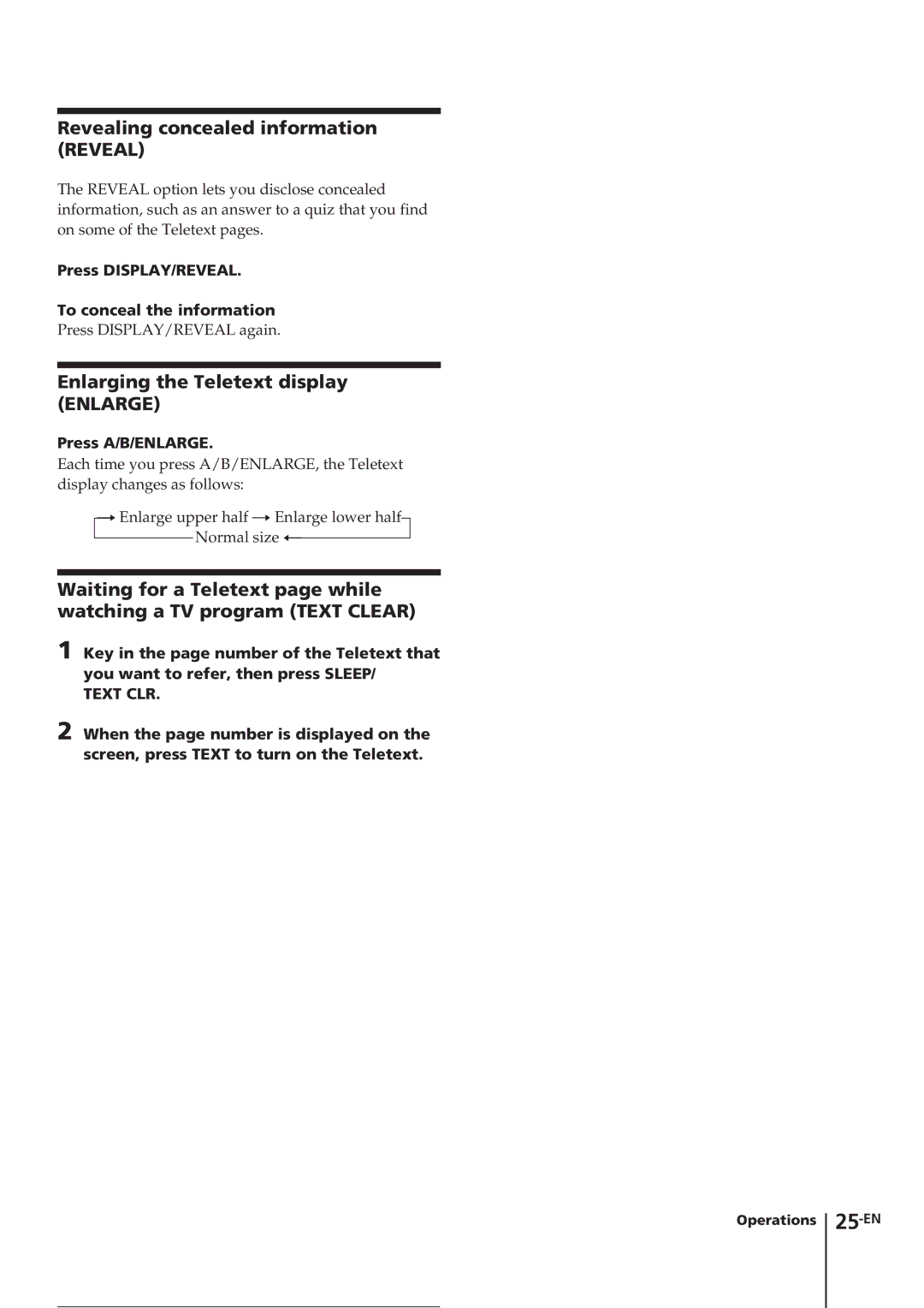 Sony KV-E29MF1 manual Revealing concealed information Reveal, Enlarging the Teletext display Enlarge, Press A/B/ENLARGE 