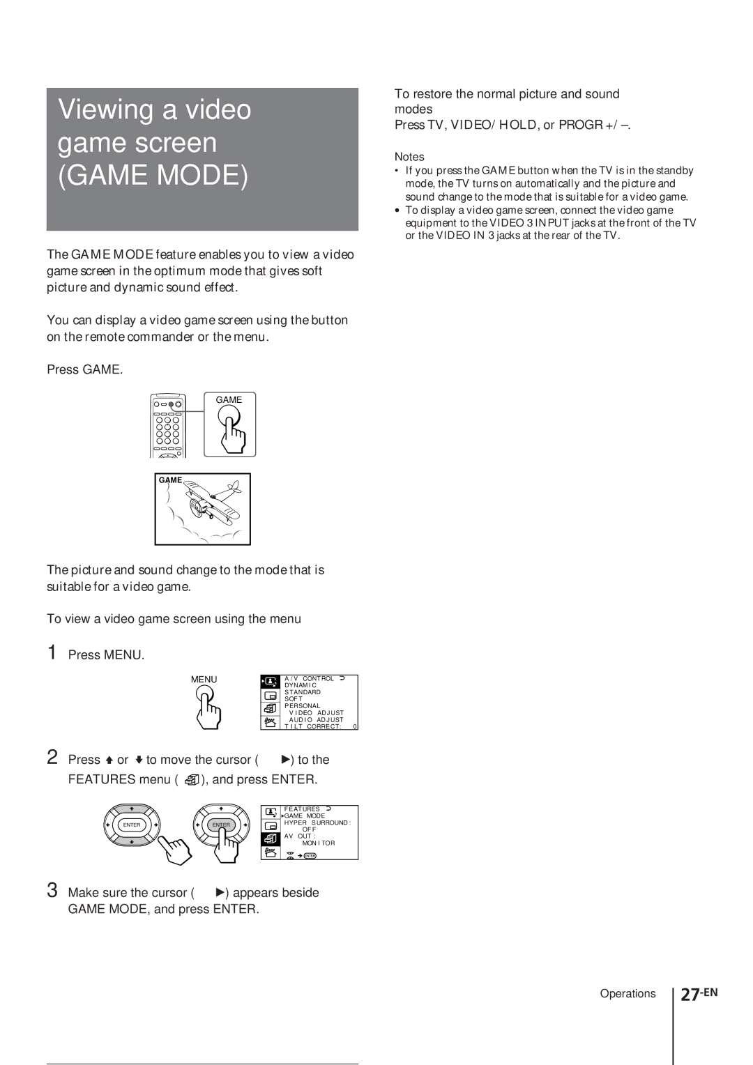 Sony KV-E29MH1, KV-E29MF1 Viewing a video game screen Game Mode, Press Game, To restore the normal picture and sound modes 