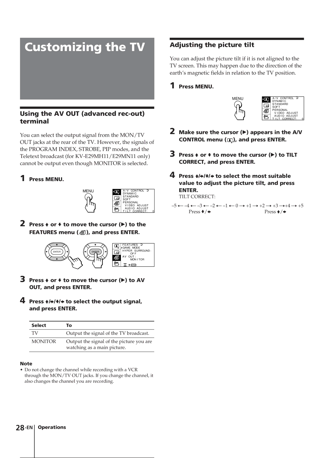 Sony KV-E29MF1S, KV-E29MN11 Customizing the TV, Using the AV OUT advanced rec-out terminal, Adjusting the picture tilt 