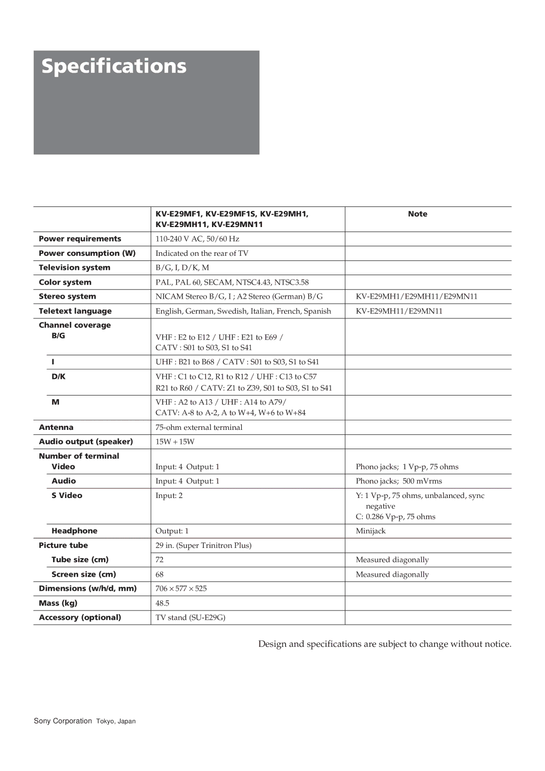 Sony KV-E29MN11, KV-E29MF1S, KV-E29MH11 manual Specifications, Channel coverage 