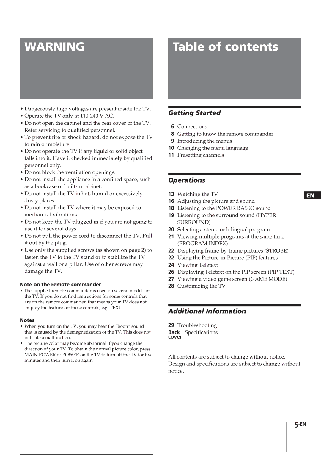 Sony KV-E29MH11, KV-E29MN11, KV-E29MF1S manual Table of contents 