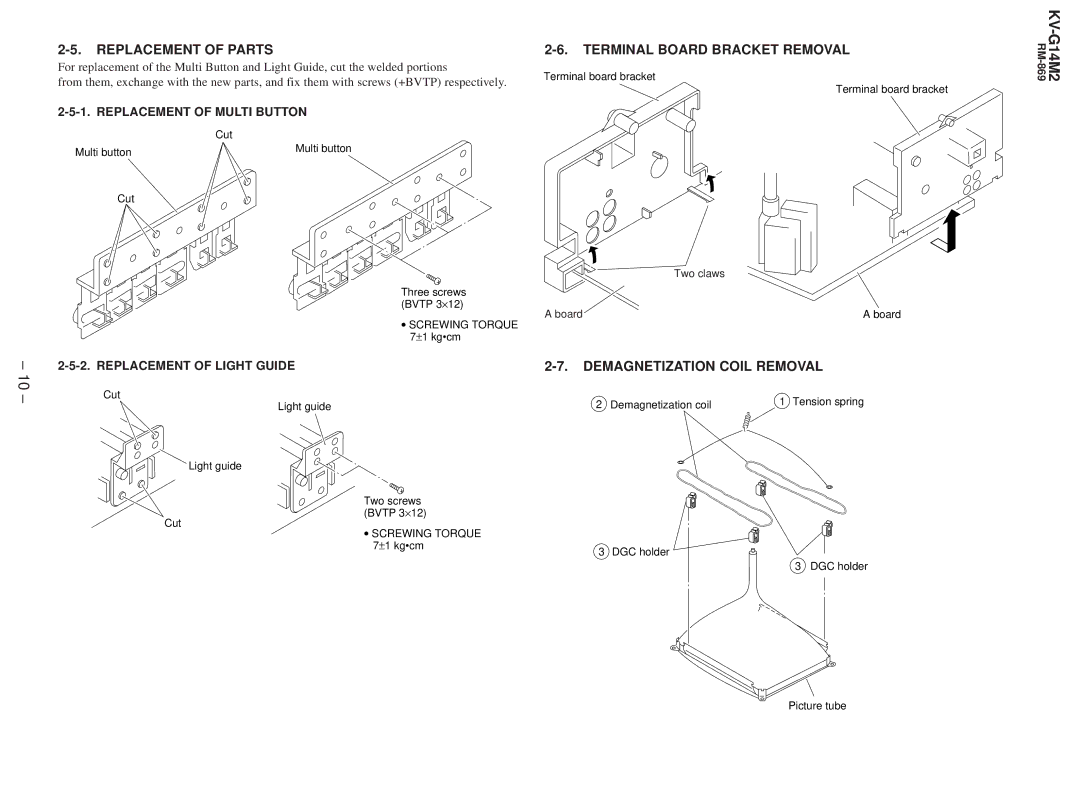 Sony KV-G142M service manual Replacement of Parts, Terminal Board Bracket Removal, Demagnetization Coil Removal 