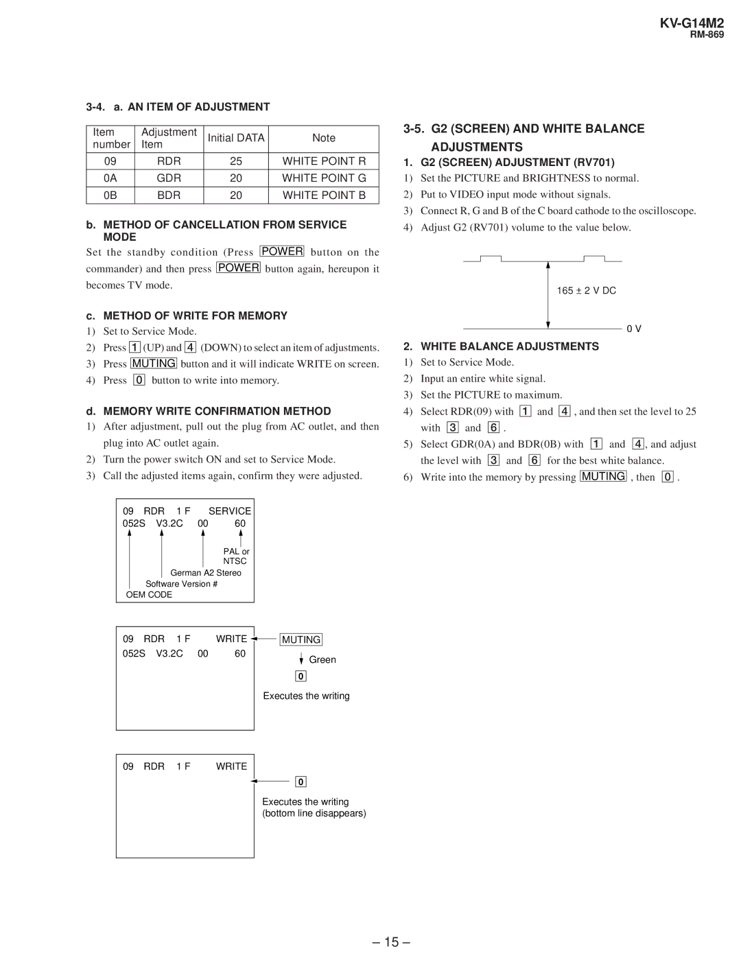 Sony KV-G142M service manual G2 Screen and White Balance Adjustments, Method of Cancellation from Service Mode 