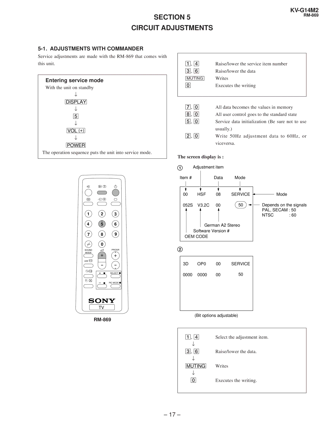 Sony KV-G142M service manual Section Circuit Adjustments, Adjustments with Commander 