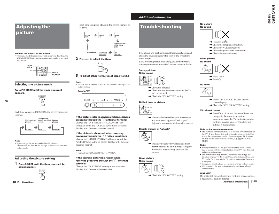 Sony KV-G142M service manual Adjusting the picture 