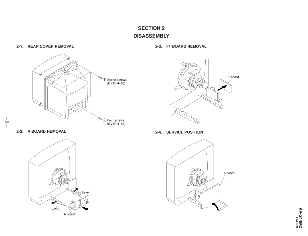 Sony KV-G142M service manual Section Disassembly, Rear Cover Removal F1 Board Removal, Board Removal Service Position 