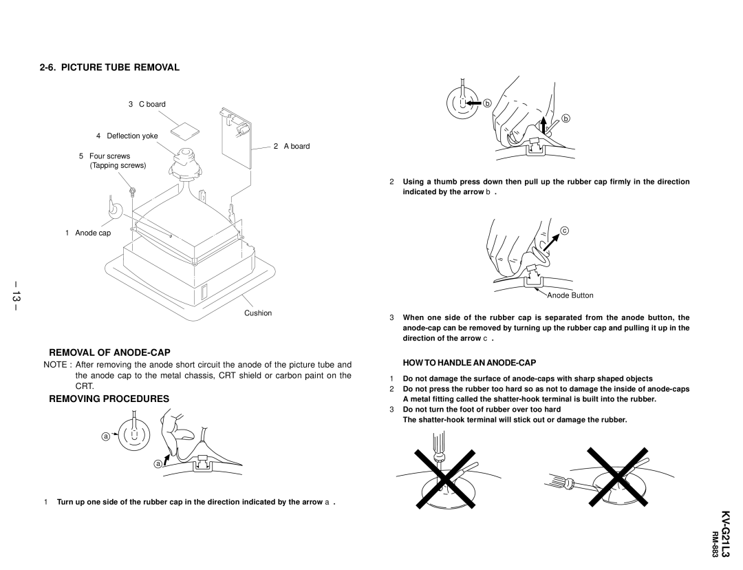 Sony KV-G21L3 service manual Picture Tube Removal, HOW to Handle AN ANODE-CAP 