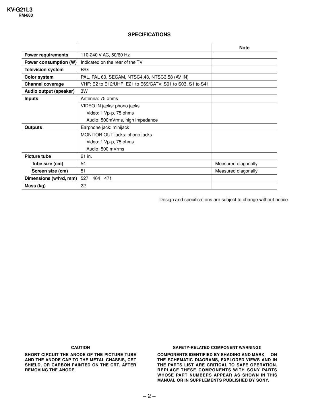 Sony KV-G21L3 service manual Specifications 