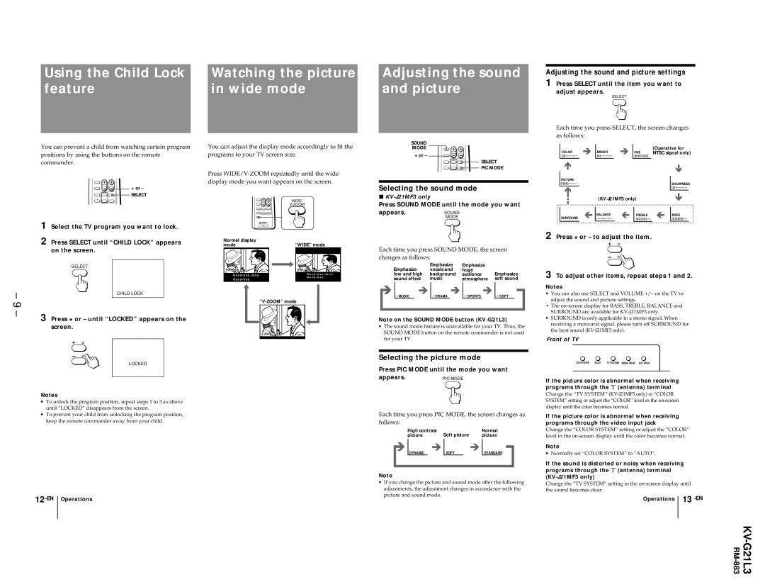 Sony KV-G21L3 service manual Selecting the sound mode, Selecting the picture mode 