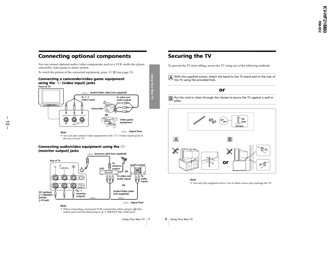 Sony KV-HF21M80 service manual Connecting optional components, Securing the TV, Connecting a camcorder/video game equipment 