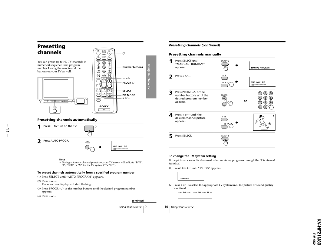 Sony KV-HF21M80 service manual Presetting channels manually, Presetting channels automatically 