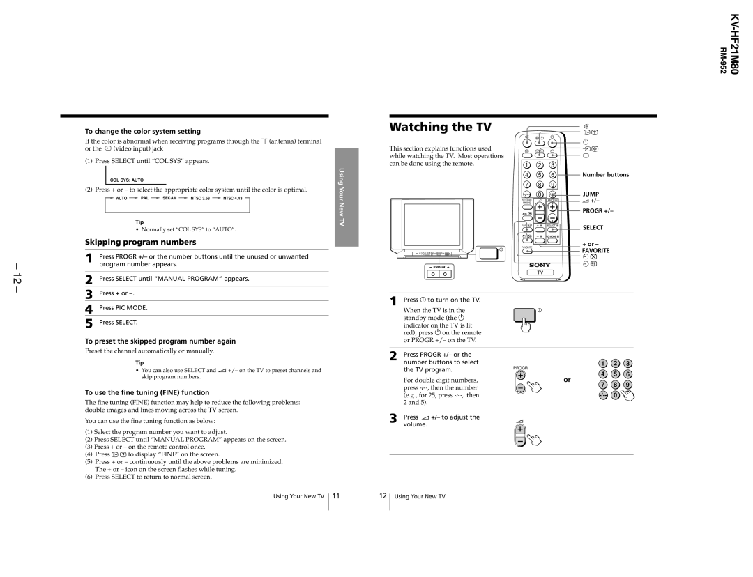 Sony KV-HF21M80 service manual Watching the TV, Skipping program numbers 