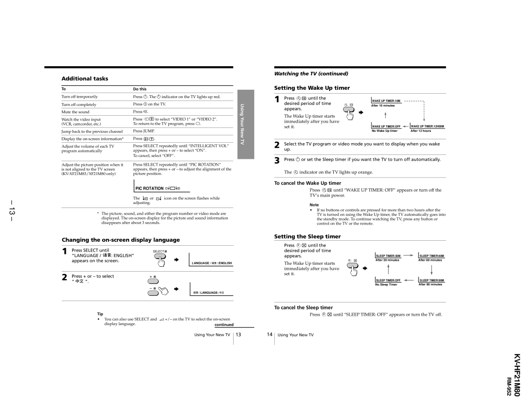 Sony KV-HF21M80 service manual Setting the Wake Up timer, Changing the on-screen display language, Setting the Sleep timer 