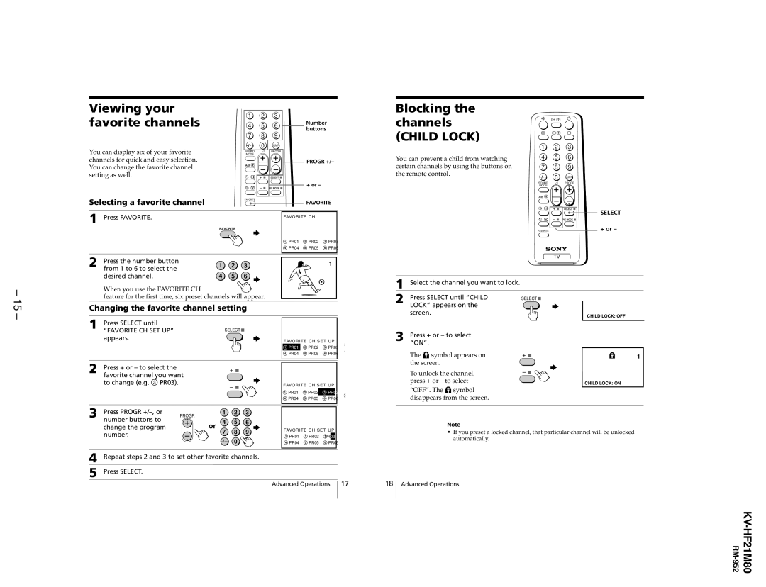 Sony KV-HF21M80 Viewing your favorite channels, Blocking the channels Child Lock, Selecting a favorite channel 