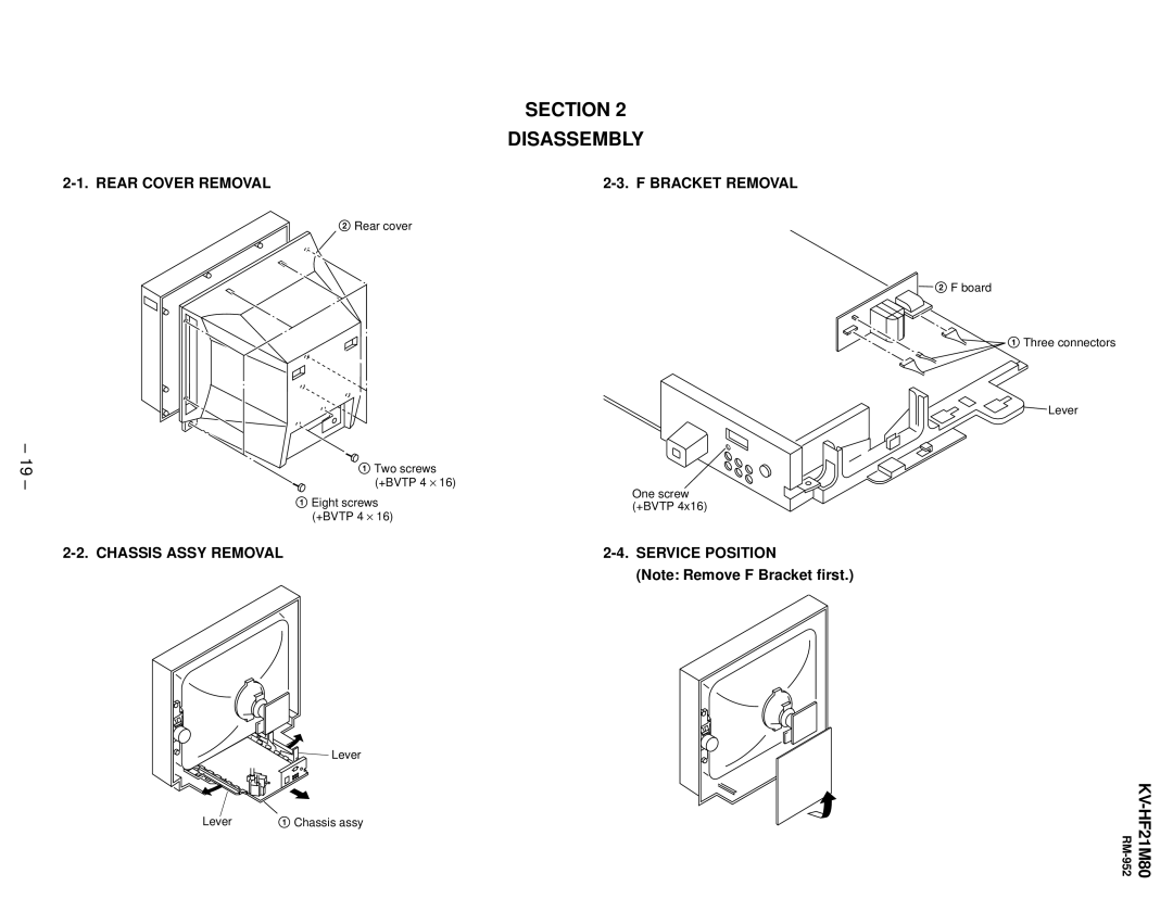 Sony KV-HF21M80 Rear Cover Removal, Chassis Assy Removal, Bracket Removal, Service Position Note Remove F Bracket first 