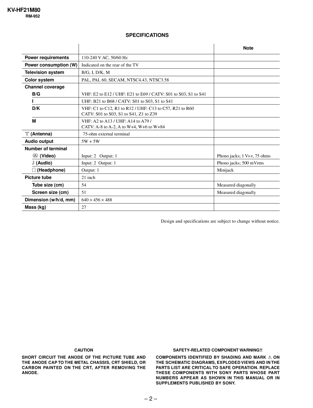 Sony KV-HF21M80 service manual Specifications 