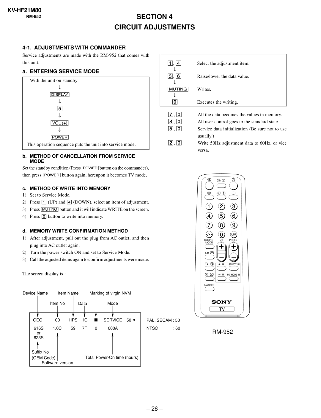 Sony KV-HF21M80 service manual Adjustments with Commander, Entering Service Mode 