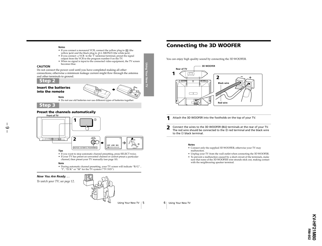 Sony KV-HF21M80 Connecting the 3D Woofer, Insert the batteries into the remote, Preset the channels automatically 