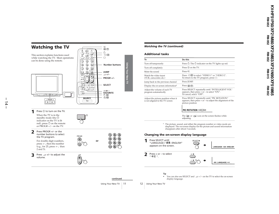 Sony KV-XF21N90, KV-HF51P50, KV-XF51M65 Watching the TV, Additional tasks, Changing the on-screen display language 