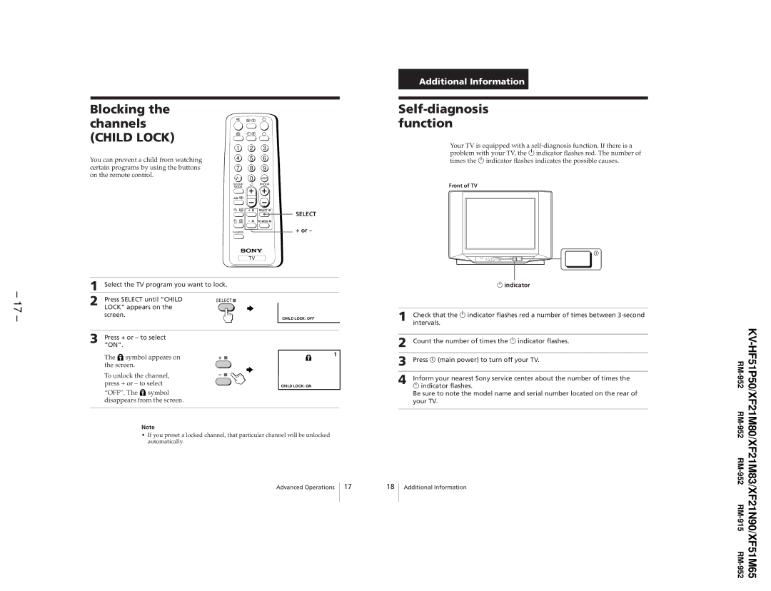 Sony KV-XF51M65, KV-HF51P50, KV-XF21N90, KV-XF21M83 service manual Blocking the channels, Self-diagnosis function 