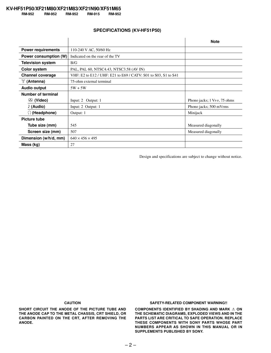 Sony KV-XF21N90, KV-XF51M65, KV-XF21M83 service manual KV-HF51P50/XF21M80/XF21M83/XF21N90/XF51M65, Specifications KV-HF51P50 