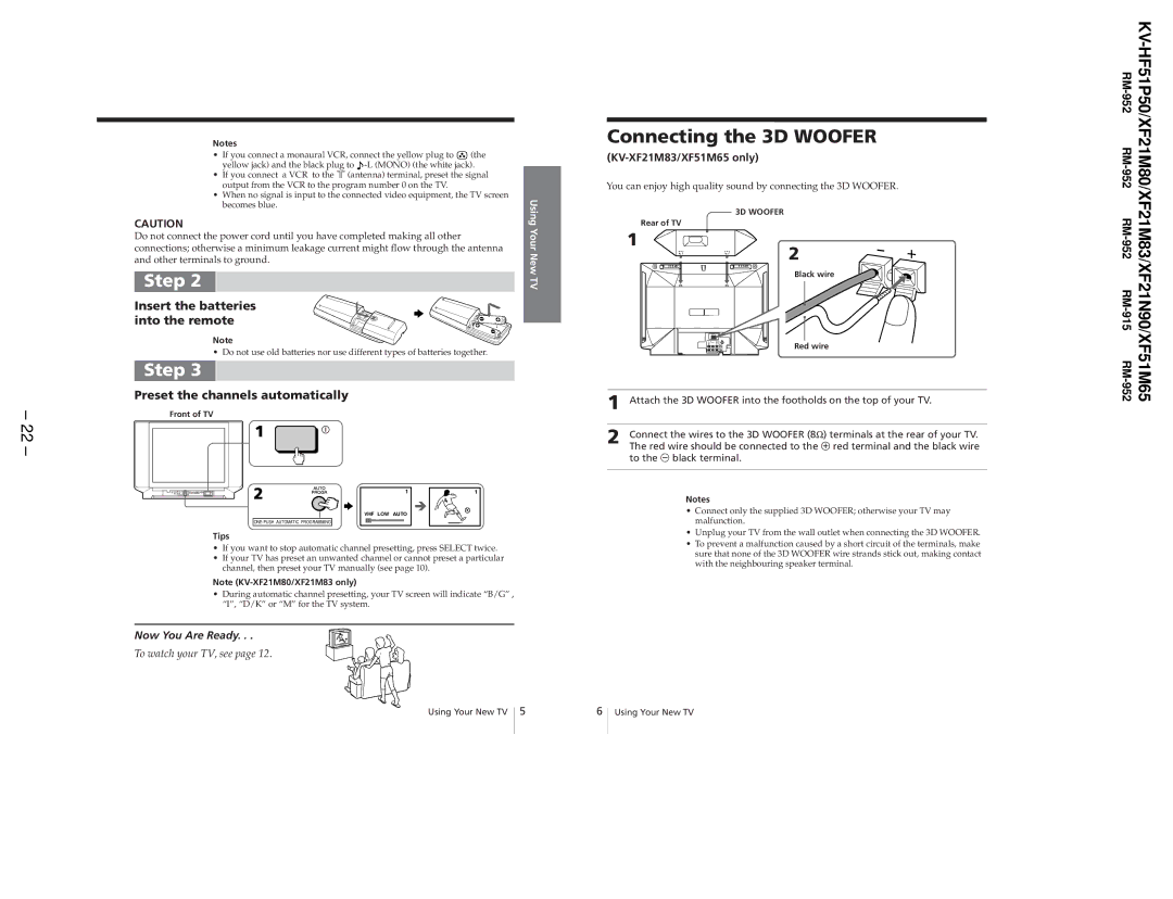 Sony KV-XF21N90, KV-HF51P50, KV-XF51M65 service manual Connecting the 3D Woofer, KV-XF21M83/XF51M65 only 