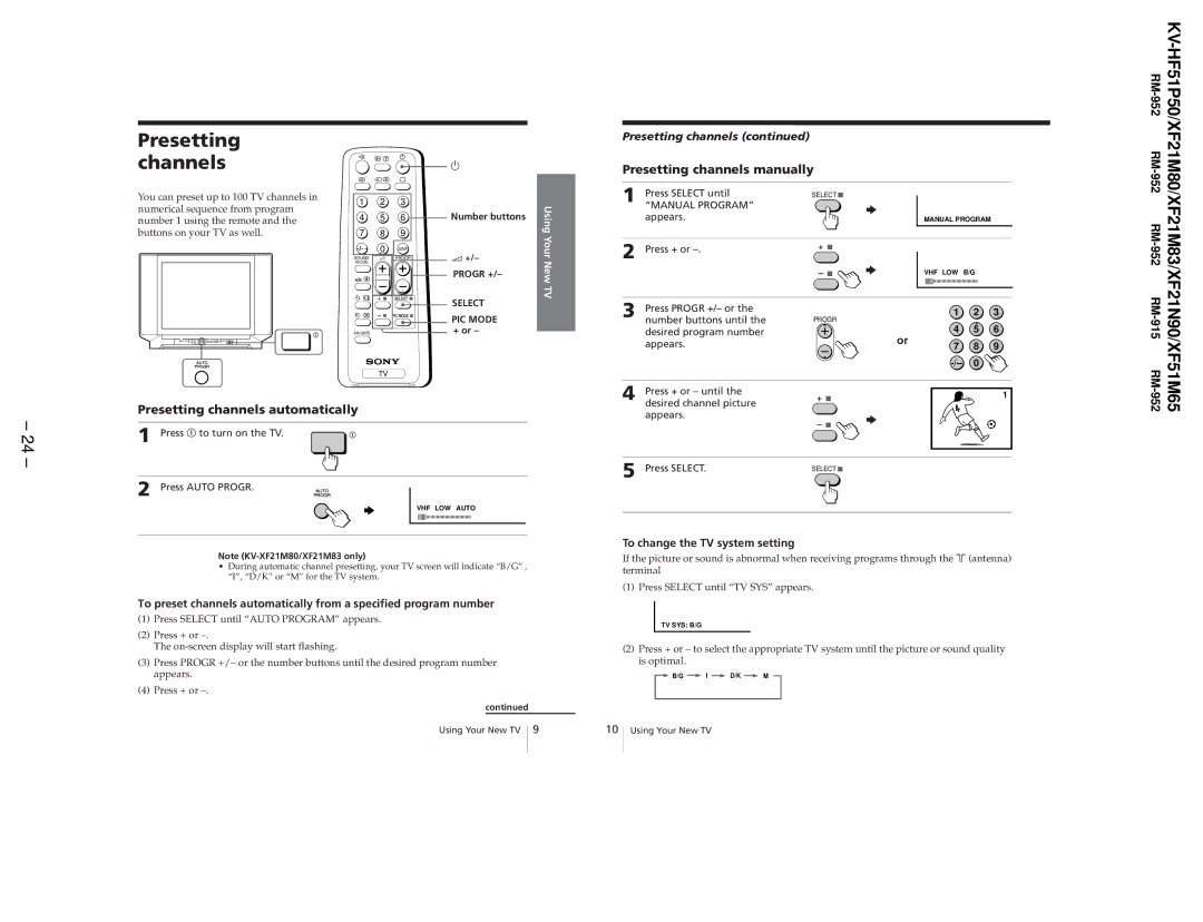 Sony KV-HF51P50, KV-XF51M65, KV-XF21N90, KV-XF21M83 Presetting channels manually KV- RM-952 RM-952, Using Your New TV 