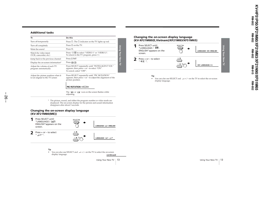 Sony KV-XF21N90, KV-HF51P50, KV-XF51M65, KV-XF21M83 Additional tasks, Changing the on-screen display language KV-XF21M80ME 