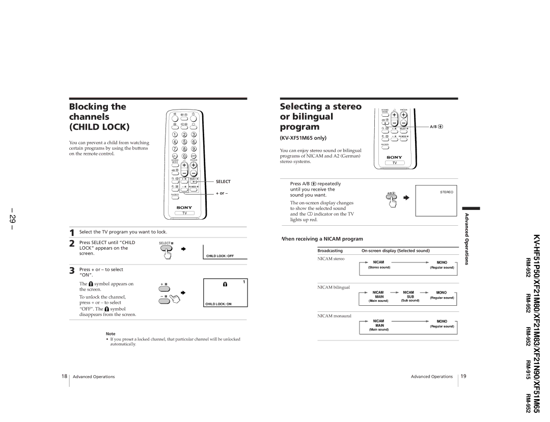 Sony KV-XF51M65, KV-HF51P50, KV-XF21N90, KV-XF21M83 service manual Selecting a stereo, Or bilingual, Program 