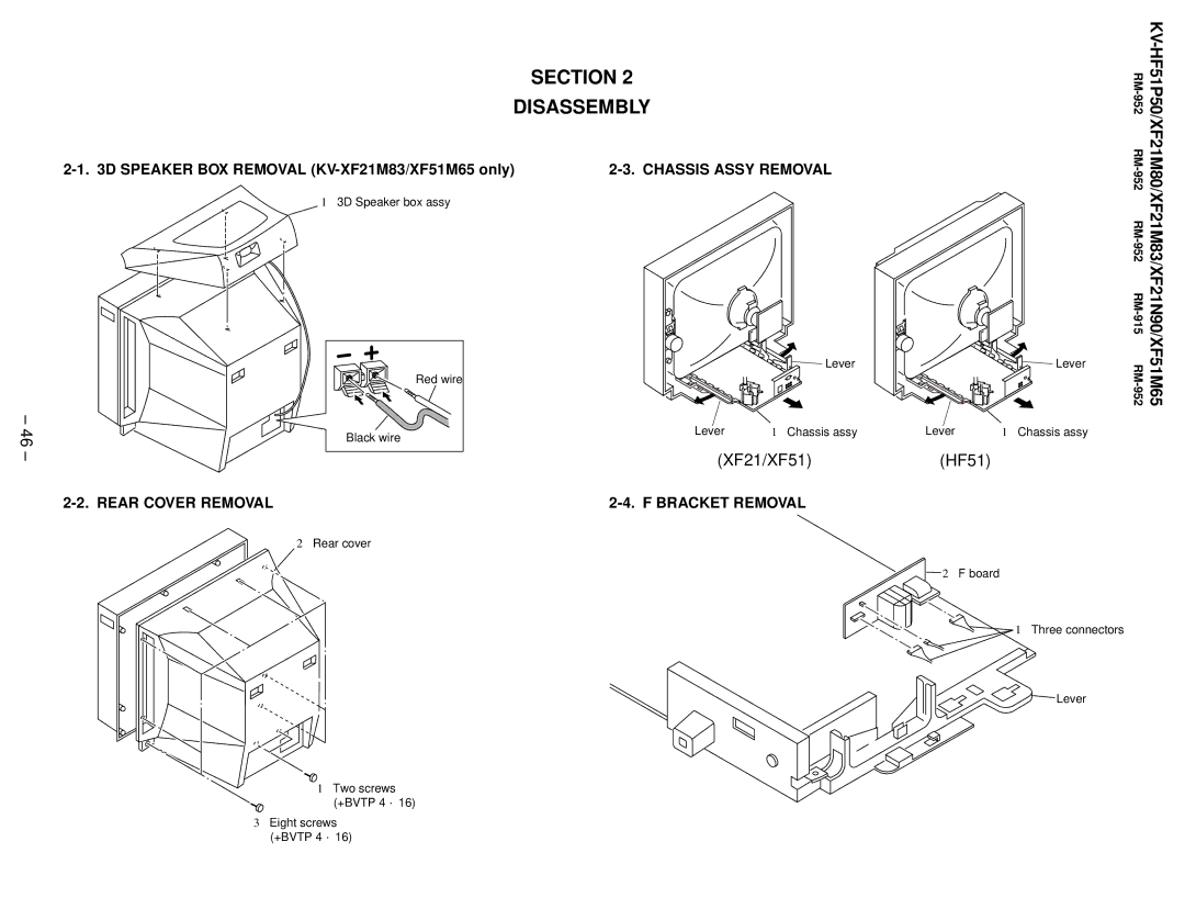 Sony KV-XF21M83, KV-HF51P50, KV-XF51M65, KV-XF21N90 Chassis Assy Removal, Rear Cover Removal Bracket Removal 