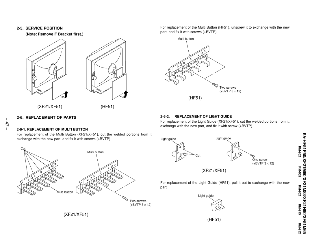 Sony KV-HF51P50, KV-XF51M65, KV-XF21N90, KV-XF21M83 service manual XF21/XF51 HF51, Service Position, Replacement of Parts 