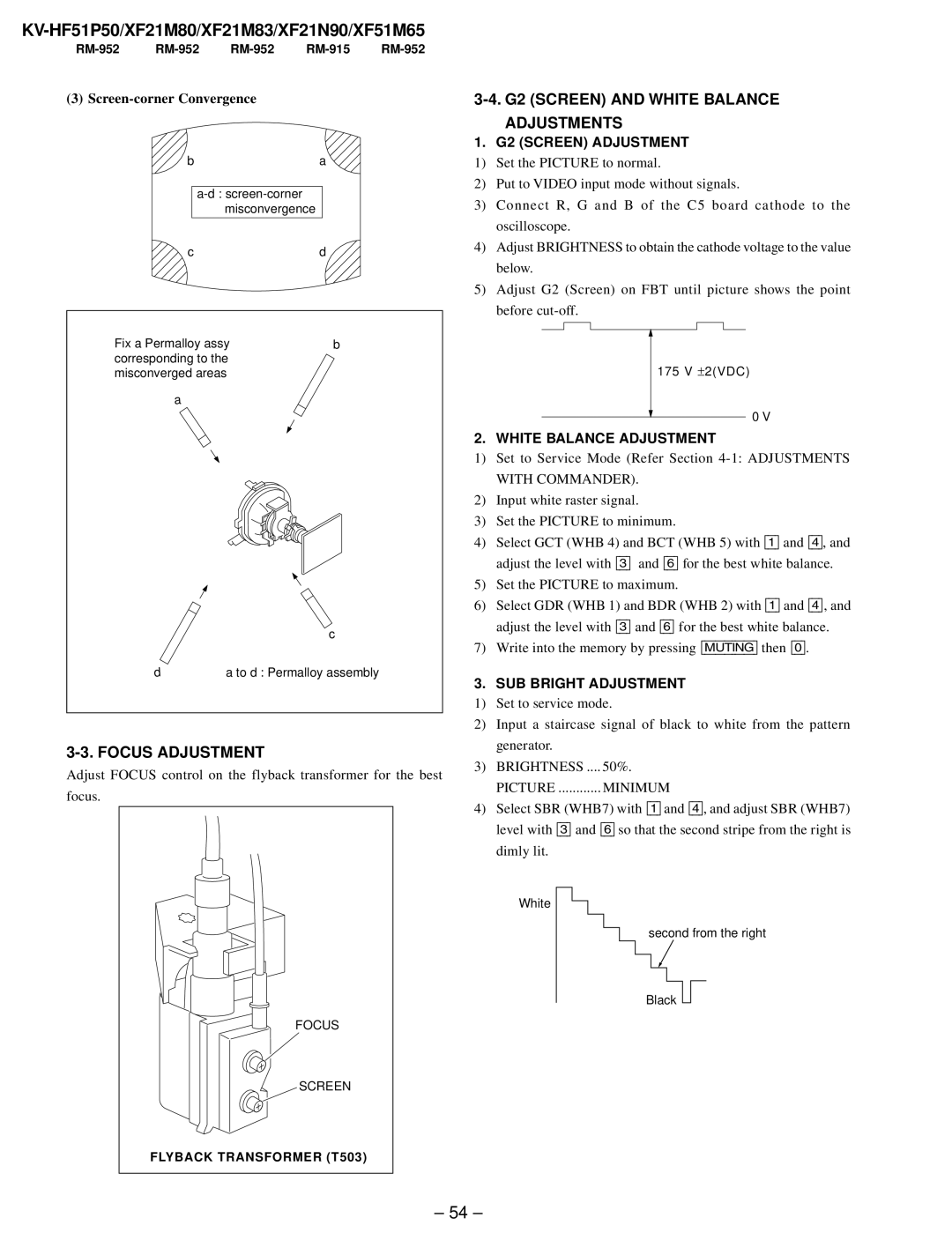 Sony KV-XF21M83, KV-HF51P50, KV-XF51M65, KV-XF21N90 service manual Focus Adjustment, G2 Screen and White Balance Adjustments 