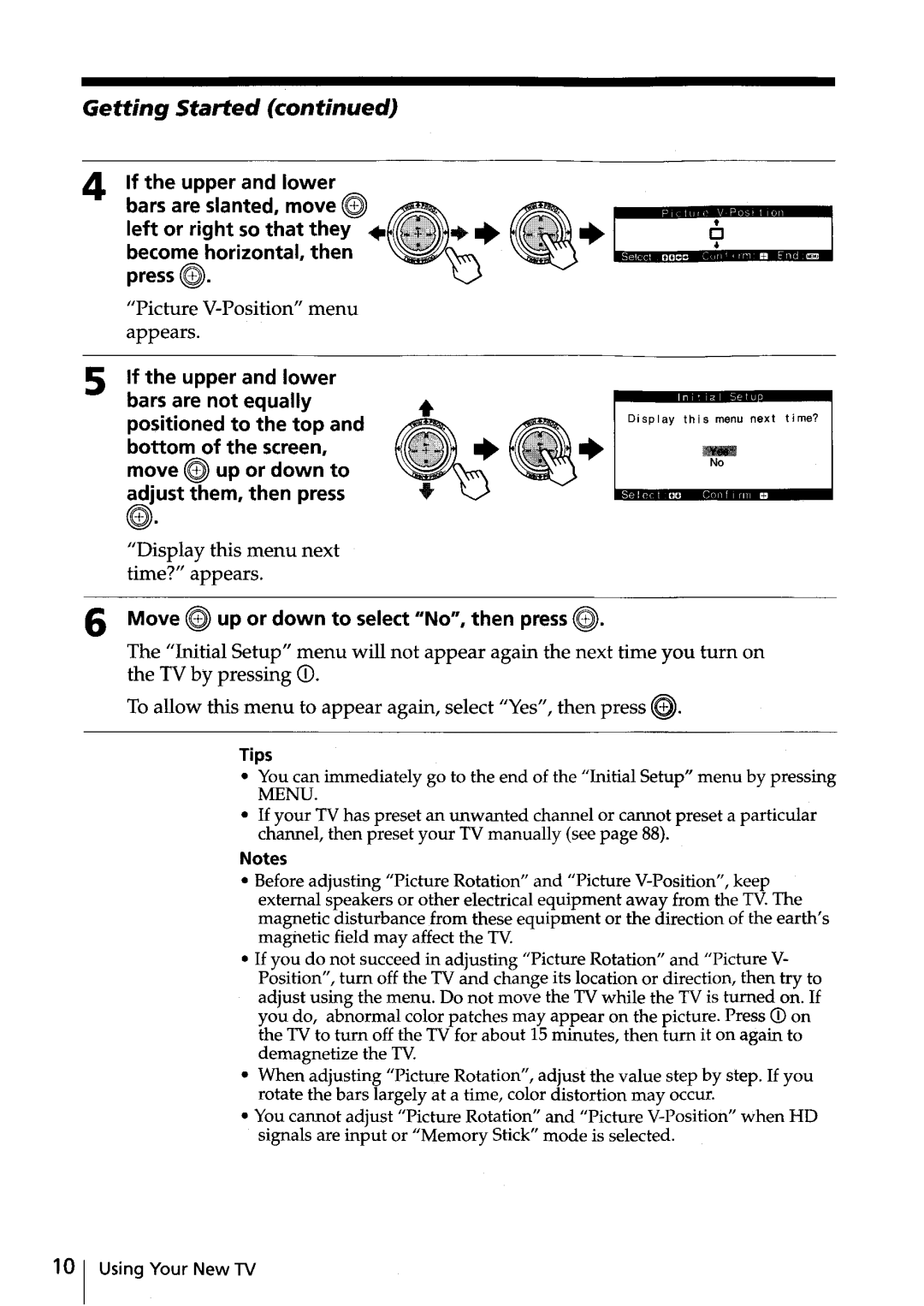 Sony KV-HR32, KV-HR36 manual Picture V-Position menu appears, Display this menu next time? appears, Tips 