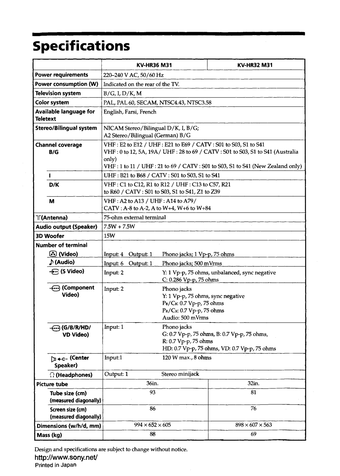 Sony KV-HR36, KV-HR32 manual Specifications 