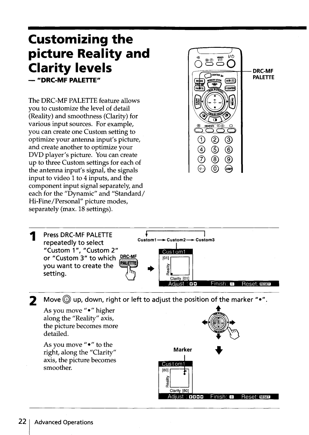 Sony KV-HR32, KV-HR36 manual Customizing the picture Reality and Clarity levels, Axis, the picture becomes Smoother 