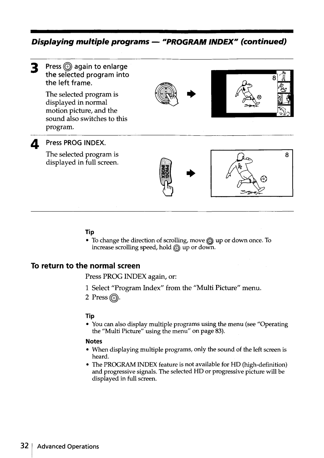 Sony KV-HR32, KV-HR36 manual Displaying multiple programs Program Index, Selected program is displayed in full screen 