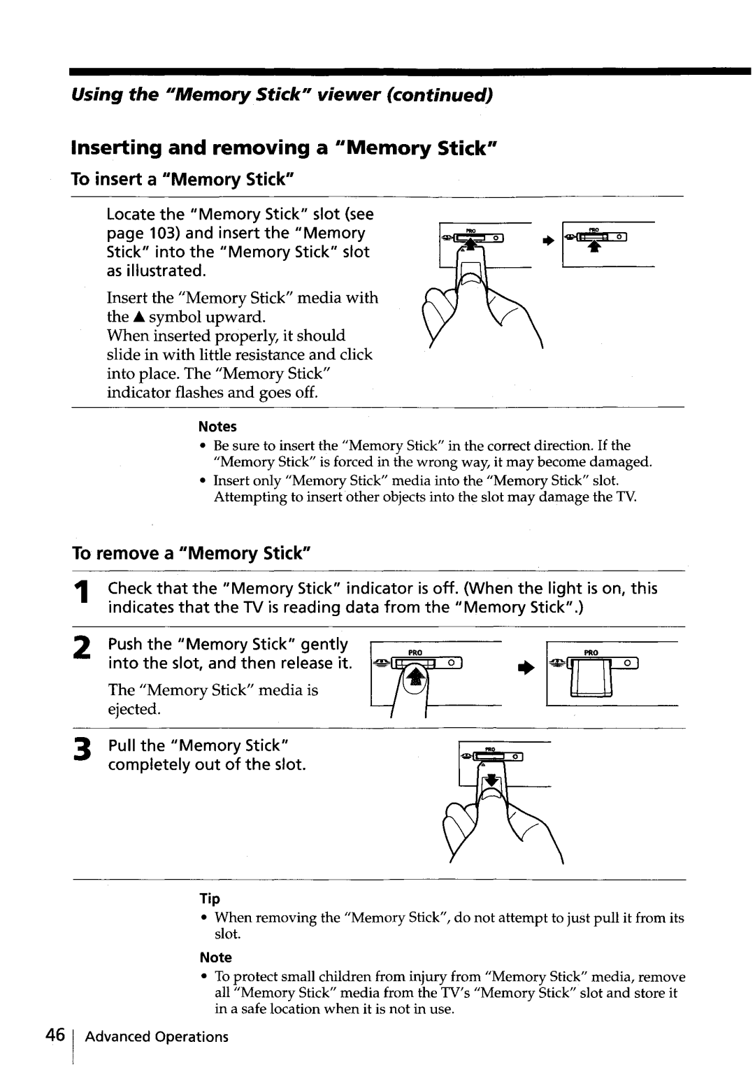 Sony KV-HR32, KV-HR36 manual Inserting and removing a 16Memory Stick, Memory Stick media is ejected 