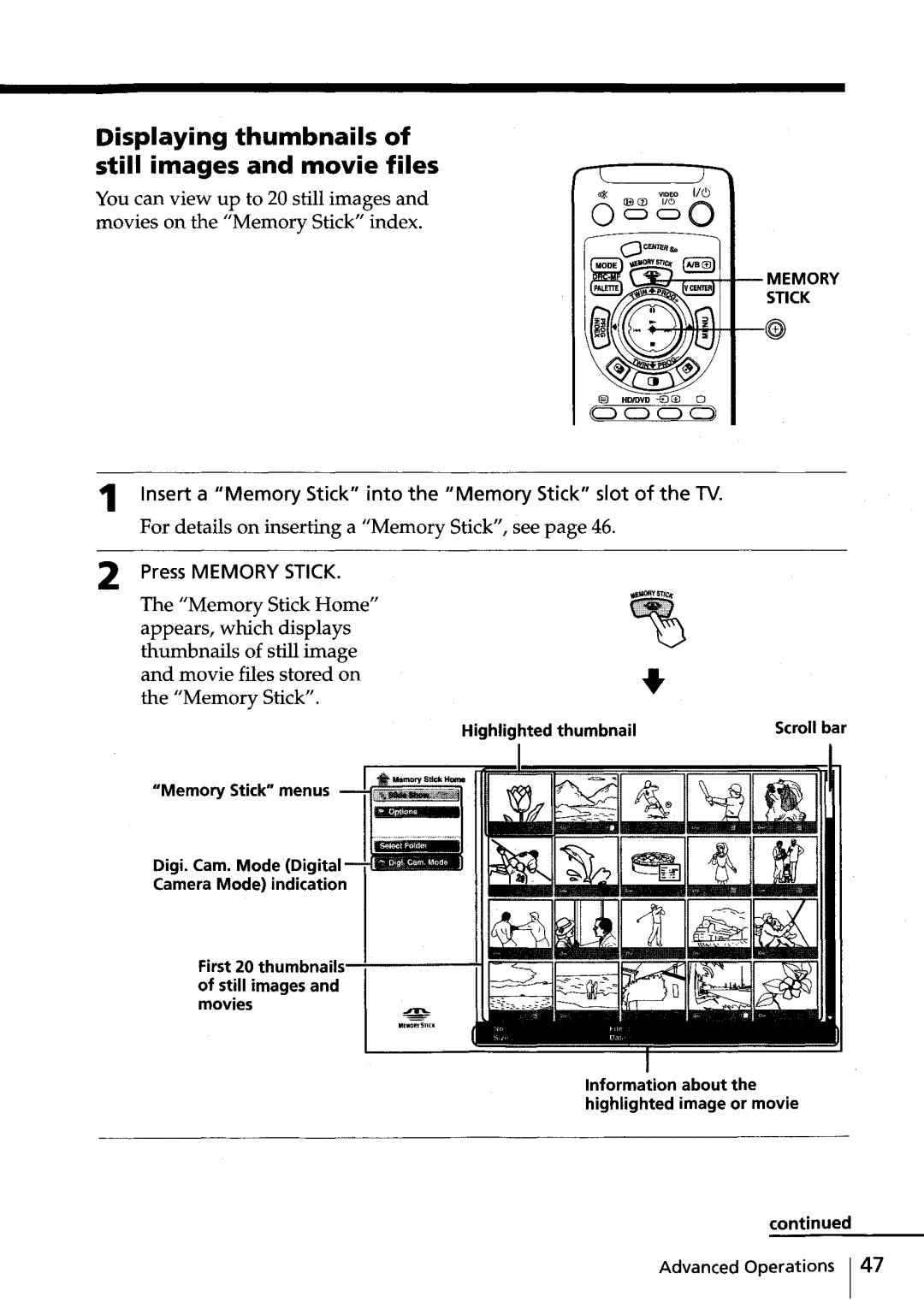 Sony KV-HR36, KV-HR32 Displaying thumbnails of still images and movie files, For details on inserting a Memory Stick, see 