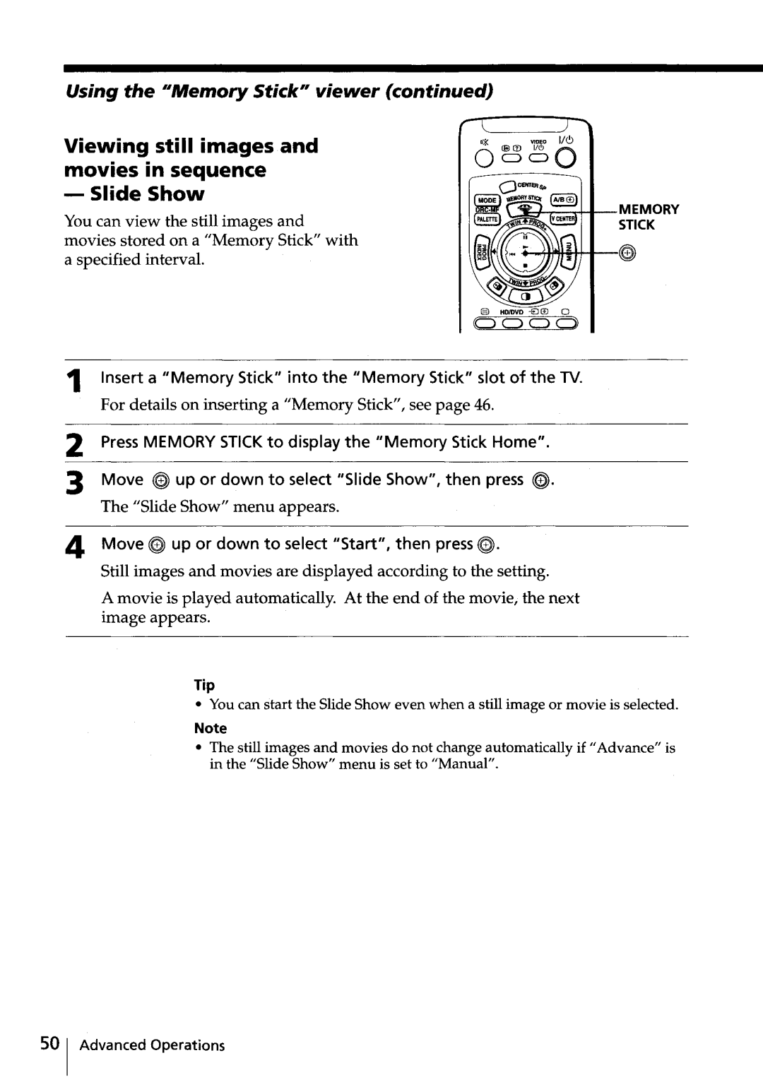 Sony KV-HR32, KV-HR36 manual Viewing still images and movies in sequence Slide Show, Slide Show menu appears 