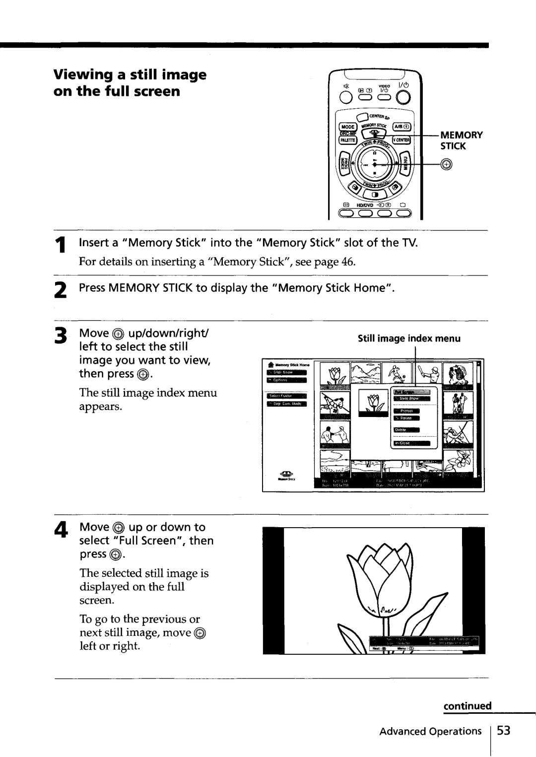 Sony KV-HR36, KV-HR32 manual Viewing a still image on the full screen, Still image index menu appears 