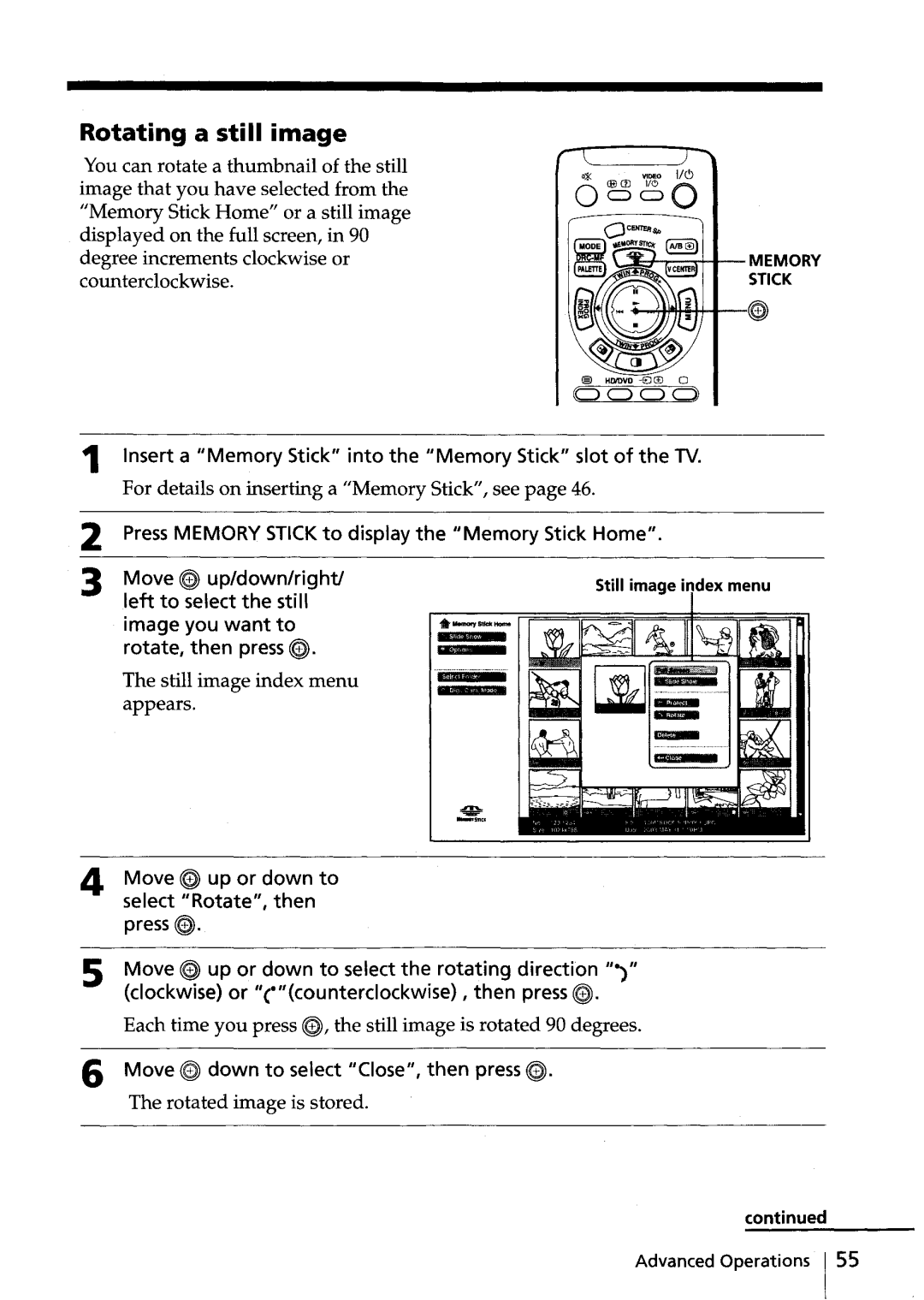 Sony KV-HR36 Rotating a still image, Each time you press~,the still image is rotated 90 degrees, Rotated image is stored 