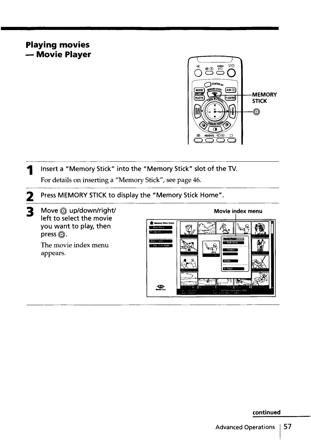 Sony KV-HR36, KV-HR32 manual Playing movies Movie Player, Movie index menu appears 