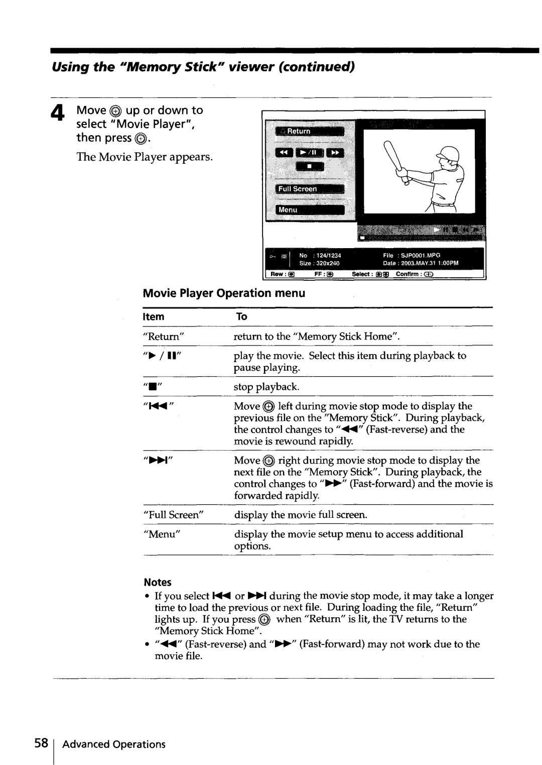 Sony KV-HR32, KV-HR36 manual Using the IIMemory Sfickl l viewer, Movie Player appears 