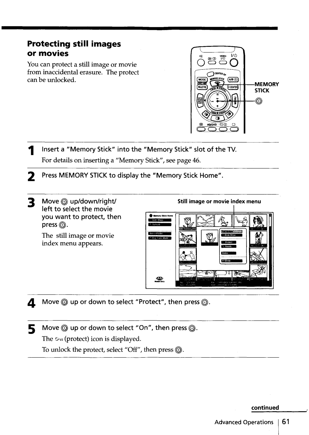 Sony KV-HR36, KV-HR32 manual Protecting still images or movies, Still image or movie index menu appears 