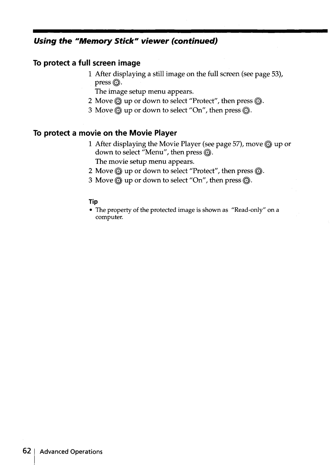 Sony KV-HR32 manual Using the IIMemory Stick viewer, To protect a full screen image, To protect a movie on the Movie Player 