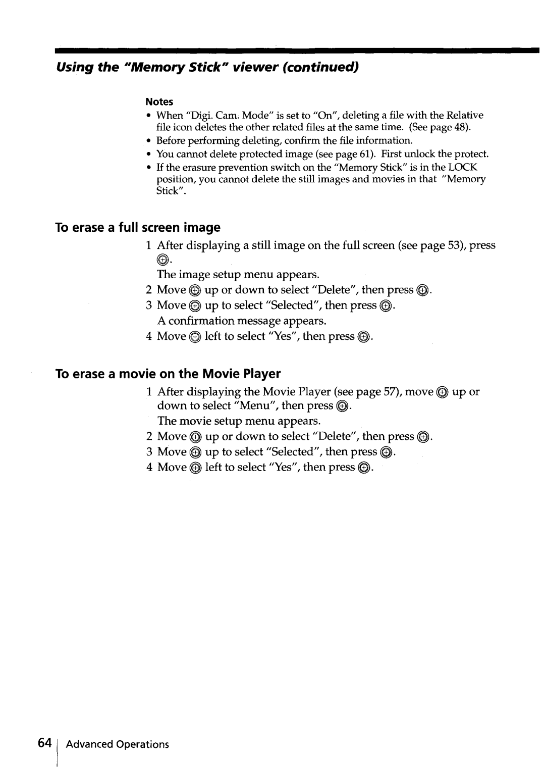 Sony KV-HR32, KV-HR36 manual To erase a full screen image, To erase a movie on the Movie Player 