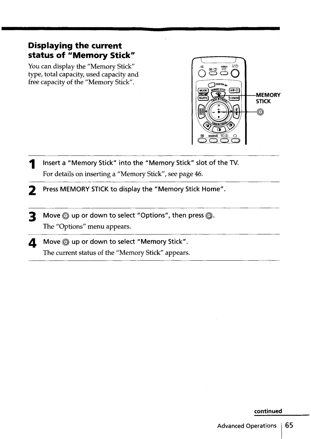 Sony KV-HR36, KV-HR32 manual Displaying the current status of ··Memory Stick··, Options menu appears 