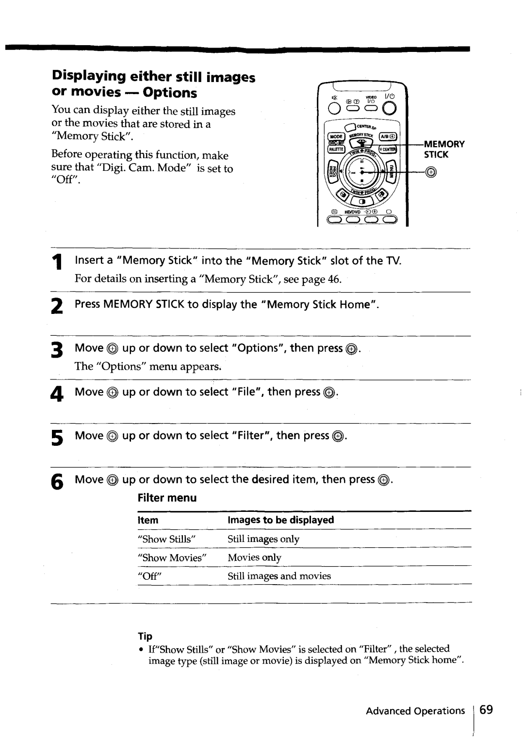 Sony KV-HR36, KV-HR32 manual Displaying either still images or movies Options, Tip 