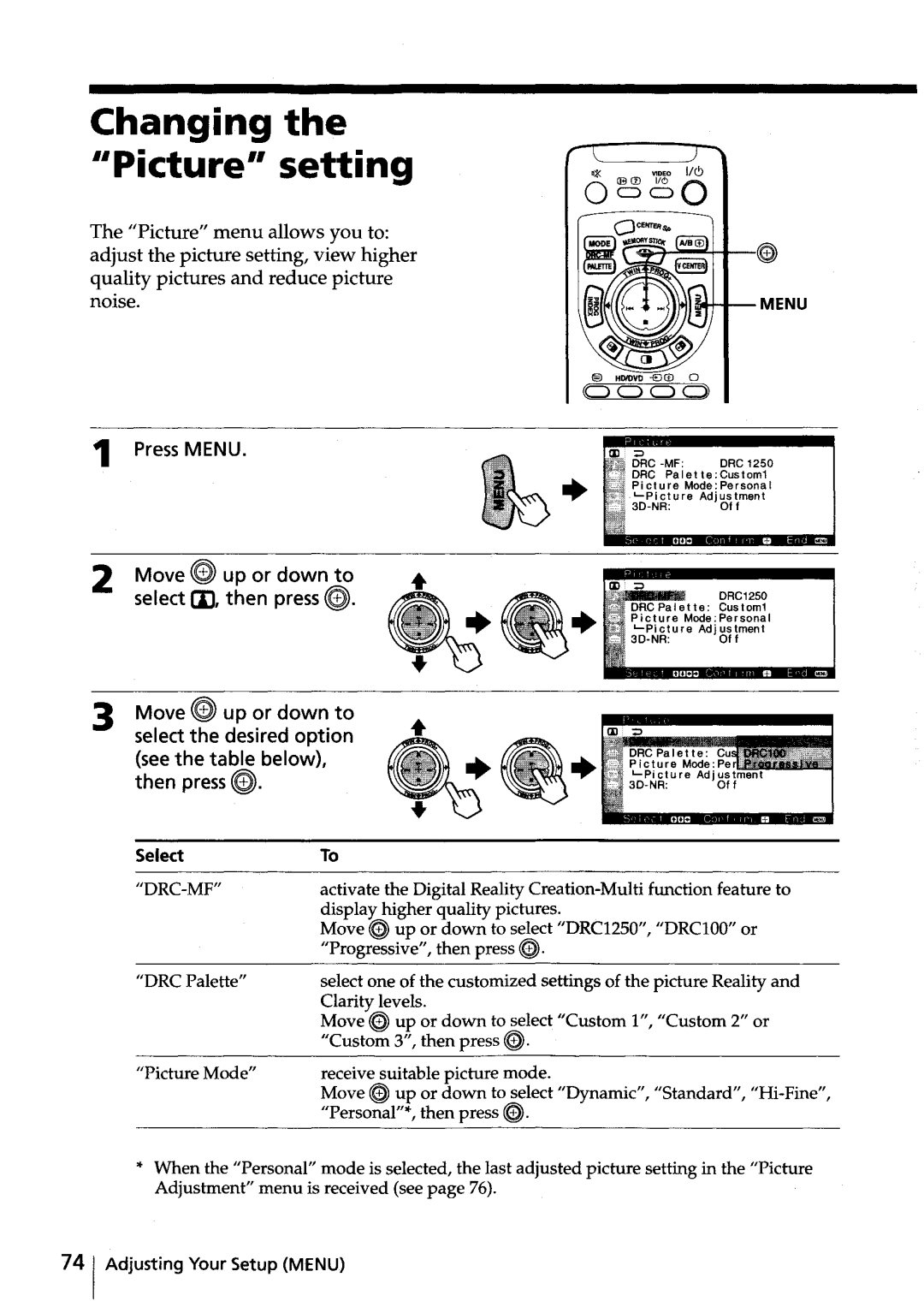 Sony KV-HR32, KV-HR36 manual Changing the Picture setting, Press Menu, Select I, then press ~ 