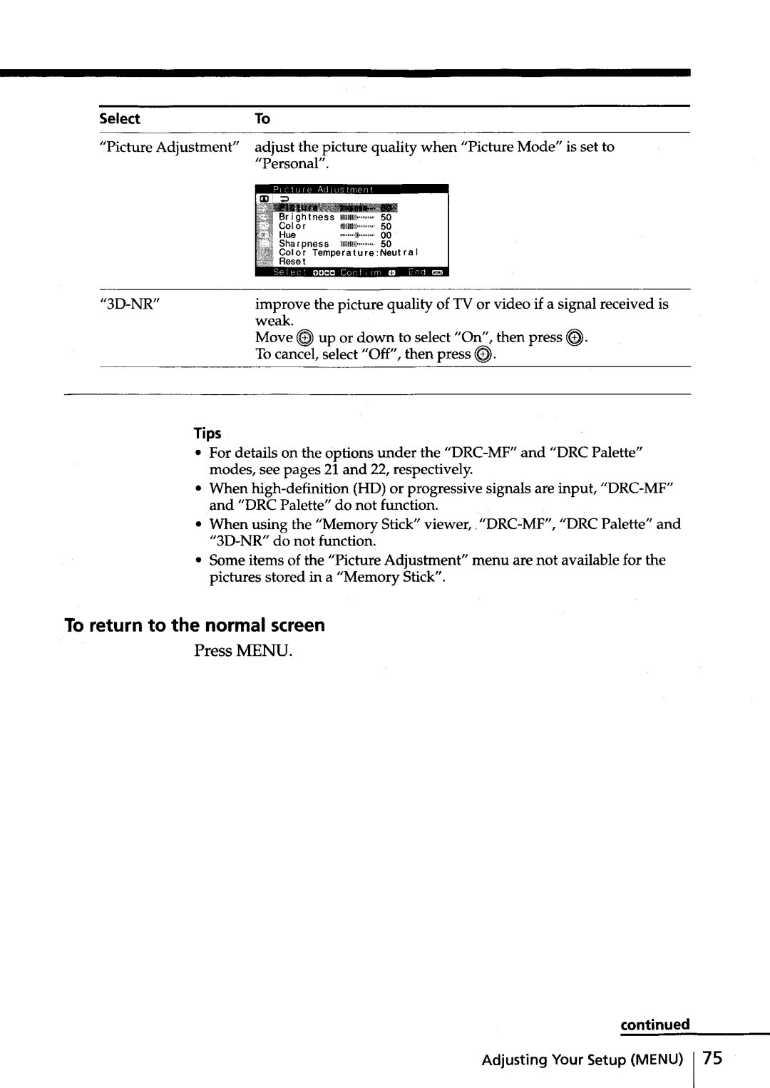 Sony KV-HR36, KV-HR32 manual To return to the normal screen, Press Menu 